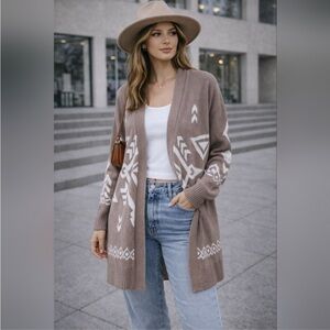 Ruby Moon Taupe and White Patterned Cardigan